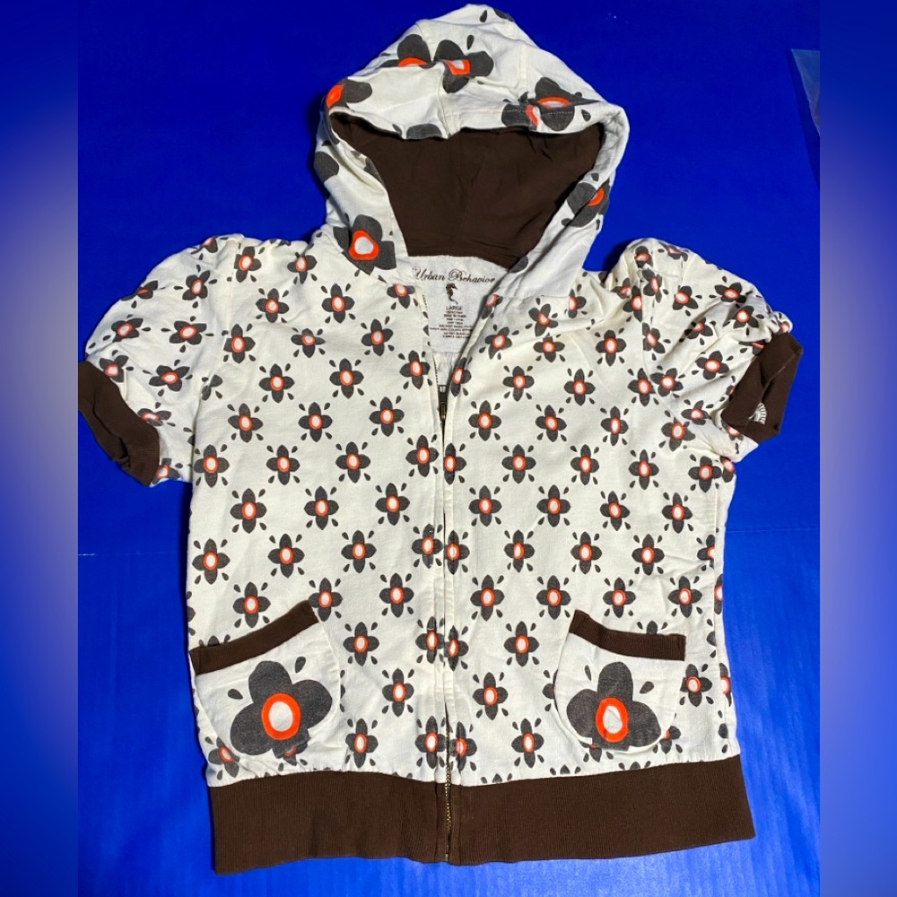 Urban Behavior Y2K Floral Zippered Hoodie Brown & White 2 Pockets Size L
